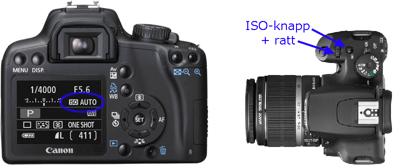 Kamera med reglage för att ändra ISO markerade