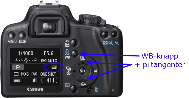 Kamera med vitbalansreglage markerade