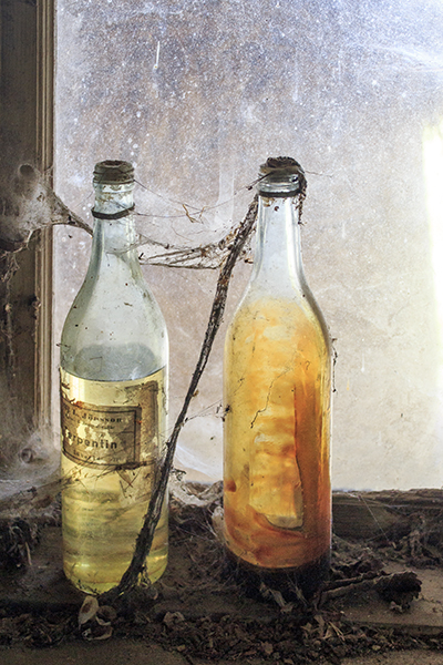 Flaskor och spinelnät i fönsterpost