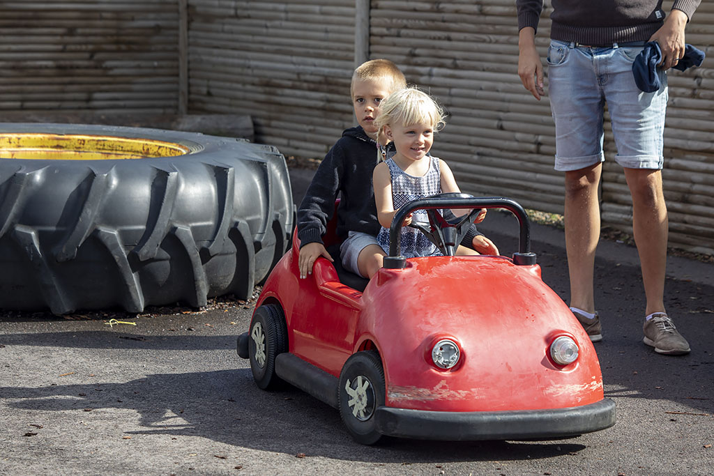Signe skjutsar Aron i en liten bil på Eriksgården